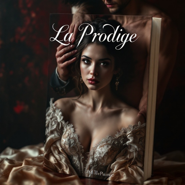 A mysterious, sensual vignette of a woman in a lush, elegant Victorian dress with intricate lacework, set in the foreground. A man's hand reaches passionately from behind to gently grasp his own neck, suggesting a sense of connection and drama. The backdrop presents an old-world dark red, evoking warmth and intrigue, with soft, painterly brushstrokes enhancing the historical romance theme.