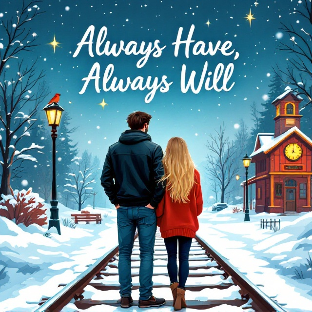 Illustrated, graphic art style. Girl with long blonde hair in a baggy red sweater standing back-to-back with a tall, dark-haired handsome guy in a black leather jacket and blue jeans. They're standing on a snowy railway track. There's a star prominently shining in the sky with a robin perched on a clock in a nearby train station. The background features beautiful snowfall.