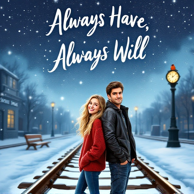 A playful, illustrated scene with a girl with long blonde hair in a baggy red sweater standing back-to-back with a tall, dark-haired handsome guy in a black leather jacket and blue jeans, both smiling. They are standing on a snowy railway track beneath a starry sky, with a robin perched on a clock in the background set within a train station.