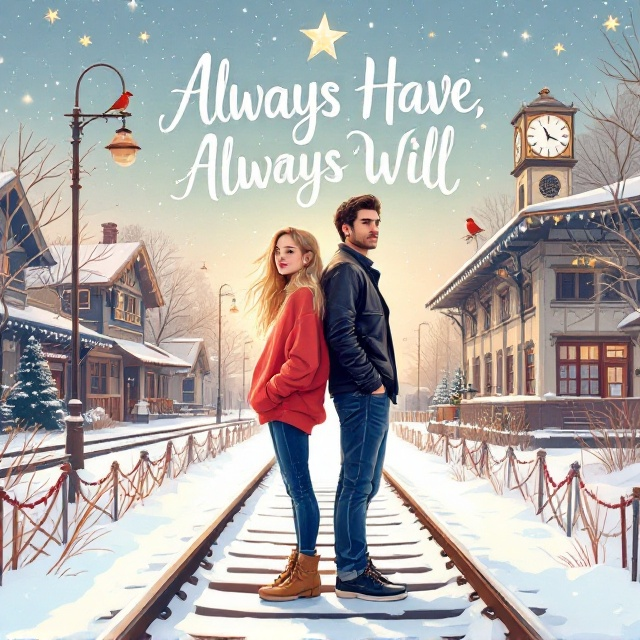 An illustrated cover with pastel colors. The center of the cover features a graphic art image of a girl with long blonde hair wearing a baggy red sweater. She stands back-to-back with a tall, dark-haired handsome guy dressed in a black leather jacket and blue jeans. They are positioned on a snowy railway track. Above them, a large star is visible in the sky. A robin is perched on a clock at a nearby train station, creating a festive touch.