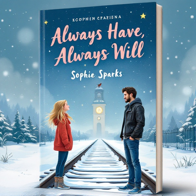 Girl with long blonde hair and a baggy red sweater on the left side shouting at a tall, dark-haired handsome guy in a black leather jacket and blue jeans on the right side. Both characters are on a snowy railway track. A starry sky background with a distinct, shining star and a clock in a train station tower with a robin perched on top.