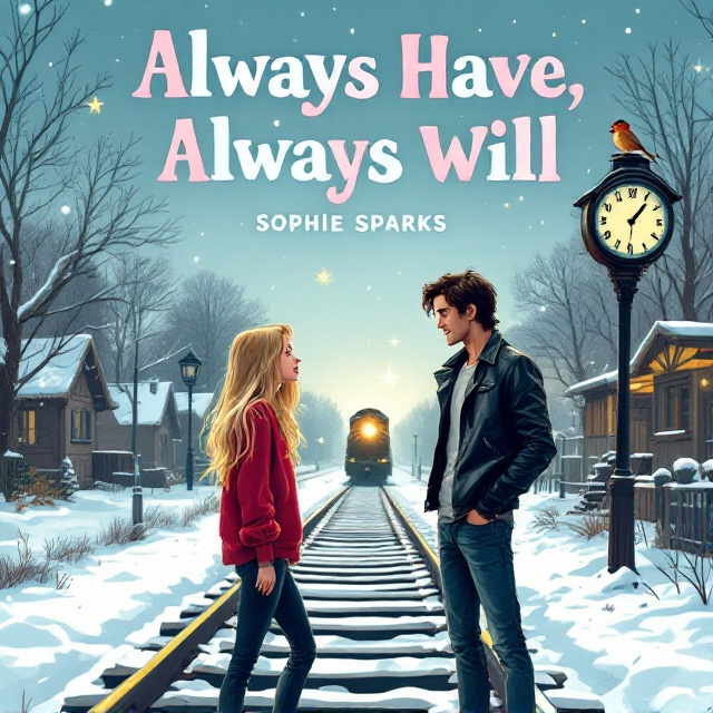 An illustrated, graphic art image of a snowy railway track with a train approaching in the distance. At the forefront, a girl with long blonde hair in a baggy red sweater is shouting at a tall, dark-haired handsome guy in a black leather jacket and blue jeans, who is smirking. A bright star shines in the sky above, and a robin perches on a clock at the train station.