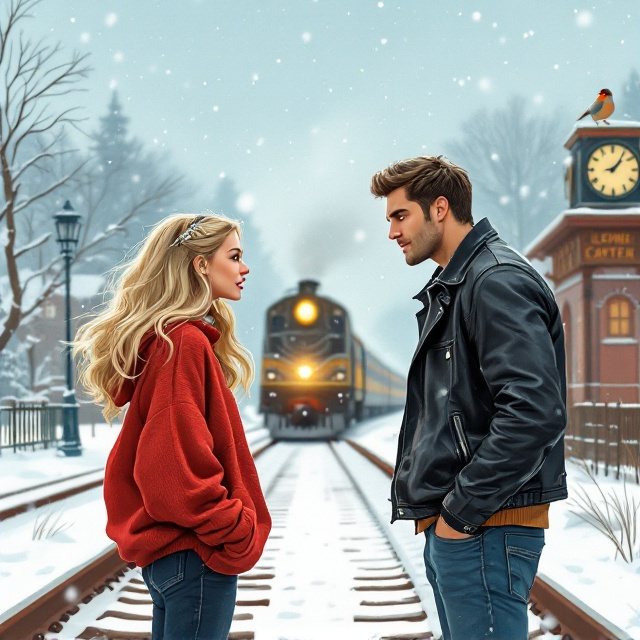 In the forefront, a stylishly illustrated girl with long blonde hair in a baggy red sweater is facing off a tall, handsome guy in a black leather jacket and blue jeans. The girl's facial expression shows she's shouting, while the guy has a smirk on his face. They stand on a snow-covered railway track with a train approaching in the distance. Snowflakes drift in the sky, adding to the wintry feel. A robin perched on a clock in the train station can be seen in the background.