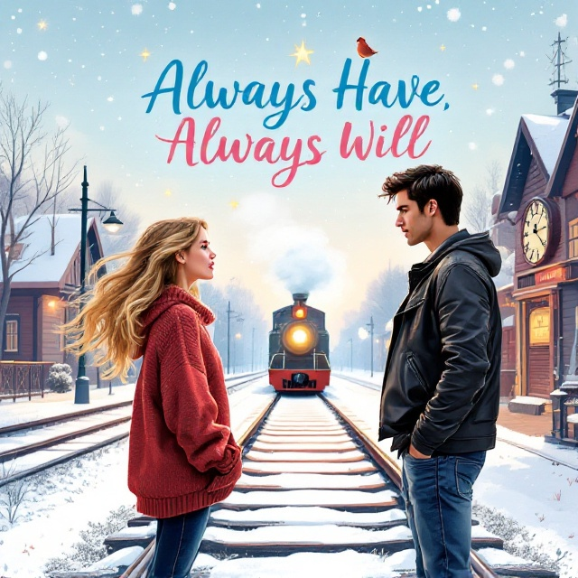 Illustrated graphic art featuring a girl with long blonde hair in a baggy red sweater shouting at a tall, dark-haired handsome guy in a black leather jacket and blue jeans. They’re standing on opposite sides of a snowy railway track, with a train in between them. A star shines brightly in the sky, and a robin perches on a clock in a train station in the background. The overall vibe is pastel and festive, accentuating the Christmas element.