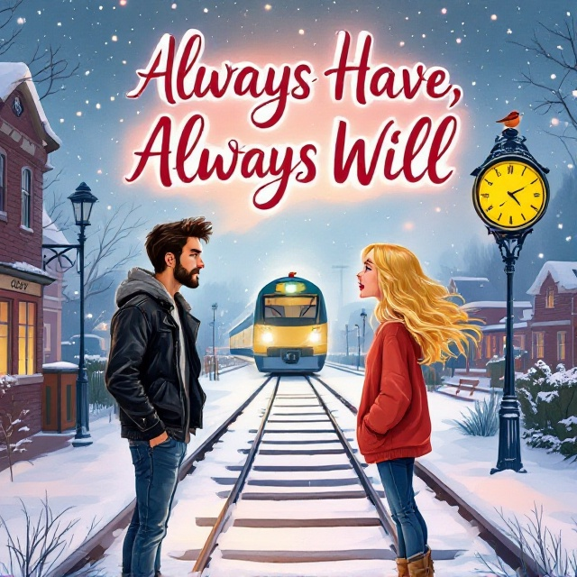 An illustrated cover with a pastel color palette. Show a girl with long blonde hair in a baggy red sweater shouting at a tall, dark-haired handsome guy in a black leather jacket and blue jeans. They are standing on either side of a snowy railway track, with a train between them so they can't see each other. A starry night sky is above them, and there's a clock in the train station with a robin perched on it.