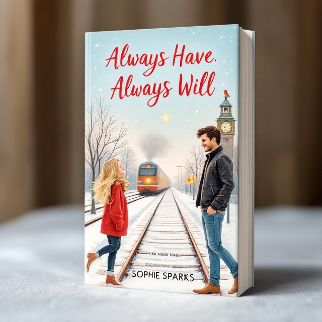 The cover features an illustrated scene in pastel colors depicting a girl with long blonde hair and a baggy red sweater standing on the left side of the cover. She is animatedly shouting across the snowy railway track. On the right side, a tall, dark-haired handsome guy in a black leather jacket and blue jeans is smirking back, obscured by a passing train illustrated between them. In the sky above, a bright star shines, with a small robin perched on a clock at the top of a stylish train station in the background.