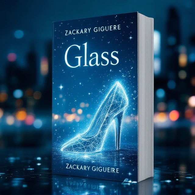 A dignified portrait of a transgender woman as the central figure, exuding confidence and grace. She wears a sophisticated evening gown with a modern twist, highlighted by a single shoe morphing into a cracked, shimmering glass slipper. This represents the "Cinderella" motif and symbolizes her journey. The background illuminates with glimmering city lights under a midnight blue sky, intertwined with reflected shards of light for a mystical, fairy tale touch.