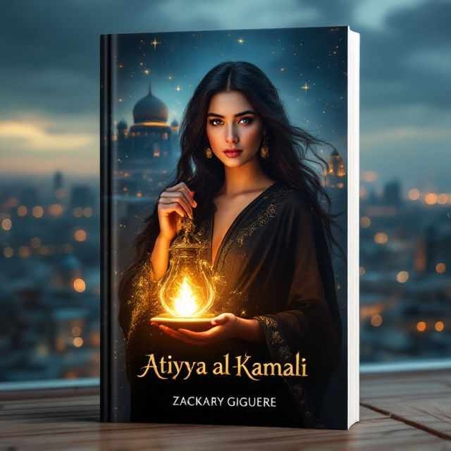 A powerful image of Atiyya stands centered on the cover, her dark, flowing hair and contemporary yet subtly exotic outfit contrasted against the backdrop of a modern city skyline with oriental flair. She's holding a glowing, enchanted lamp radiating soft golden light, which illuminates her confident and thoughtful face. The background features a blend of a bustling cityscape, including distant domed architecture, deserts, and glowing city lights, creating a seamless mix of modern and mystical.