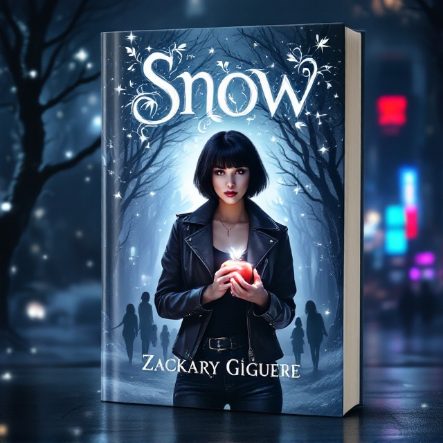 The cover features Snow at its center, cutting a striking figure with her short, jet-black hair and edgy outfit, including a sleek leather jacket and dark jeans. She holds an apple that glows subtly, drawing the viewer's eye. The background transitions seamlessly from a shadowy, magical forest on the left, populated with faint, mysterious shapes hinting at magical creatures, to a vibrant city skyline on the right, alive with neon lights and possibilities. Silhouettes of the seven women, integrated into the background, subtly stand in support around Snow.