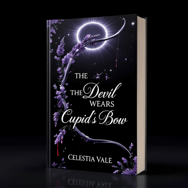 A dark, enigmatic background of deep black serves as the canvas. Emanating from the center is a mystical halo in a subtle silver glow, casting gentle light on a prominent Cupid's bow angled diagonally across the cover. Lavender flowers are scattered gracefully around the bow, their rich purple tones adding contrast and intrigue. A hint of blood drips delicately down one side of the bow, adding a sense of mystery and danger.
