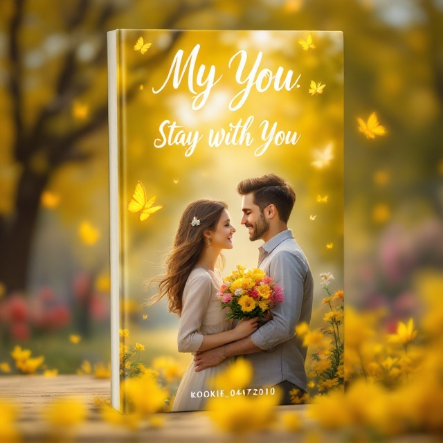A happy couple stands in the foreground, with the woman looking lovingly at the man while holding a bouquet of colorful flowers. They are surrounded by a picturesque scene with blooming flowers and lush green trees. Butterflies with a soft glow effect flutter around them, creating a whimsical and romantic atmosphere. The primary color palette features warm and vibrant yellows that convey happiness and joy.