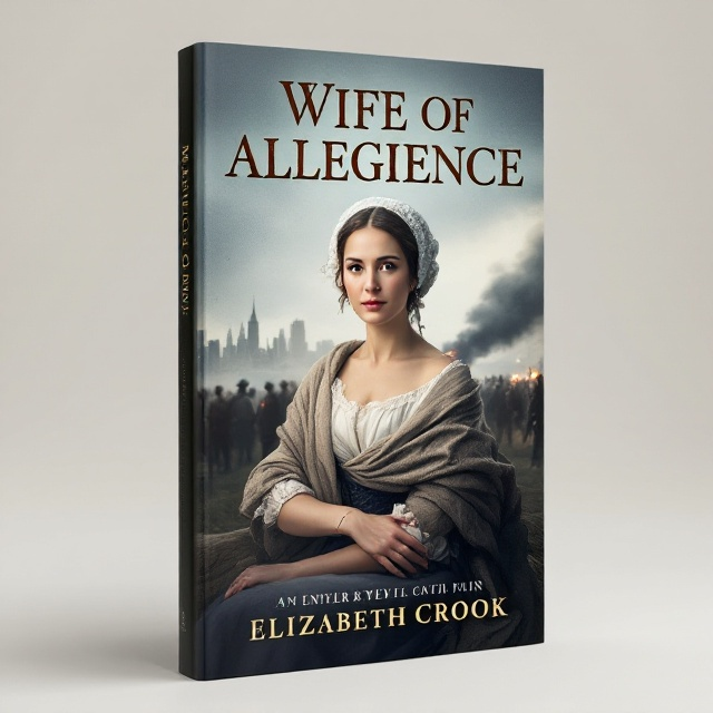 The cover features a striking portrait of a colonial woman in 18th-century attire. She wears a simple, yet elegant dress in subdued tones complemented by a classic shawl and a modest bonnet. Her expression is a mix of determination and inner turmoil, symbolizing her loyalty and conflict. In the background, New York City's skyline is faintly visible under a smoky sky. The distant silhouettes of clashing soldiers add a layer of suspense, creating a dramatic yet historically rich scene.