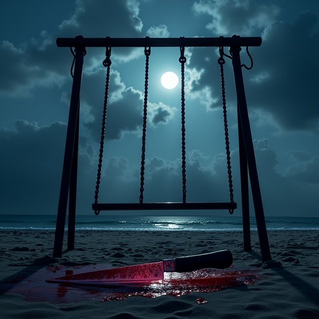 A tense, atmospheric scene set on a deserted beach at night. A bloody knife is half-buried in the dark sand, illuminated faintly by the moon filtering through a cloudy sky. Near it, a lonely swing set creaks ominously, emphasized by the shadows cast in the moonlight and conveying a sense of haunting emptiness and suspense. The clouds appear more dense in parts, creating a brooding and suspenseful atmosphere.