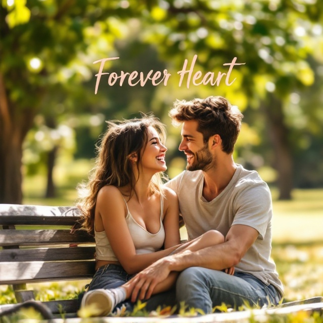 A sun-dappled park setting, with dappled sunlight filtering through lush green trees. The couple is positioned on a wooden park bench, capturing a candid moment of shared laughter. They face each other, the girl with her blue eyes and signature Chuck Taylors dangling playfully off the edge of the bench, and the guy, with his tanned skin, casually leaning towards her. Their expressions are joyful, and there’s a light breeze that gently ruffles their hair, adding a sense of movement to the scene.