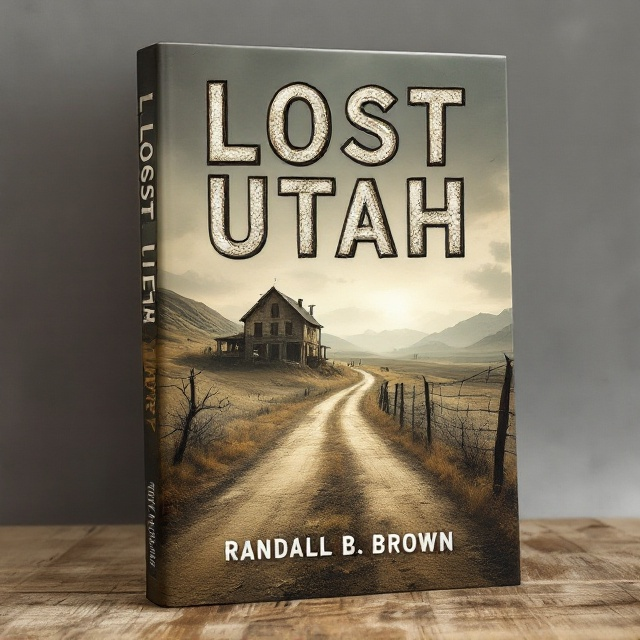 A desolate winding road stretches from the bottom center of the cover to a vanishing point near the top center. On the left side, a haunting derelict farmhouse leans under a grey, overcast sky. On the right, a barbed wire fence, partially collapsed, runs parallel to the road, entangled in the sparse brush and small leafless trees. The entire scene is cast in muted brown tones, evoking a mix of curiosity and sadness. A misty haze lingers over the landscape, with subtle hints of hope breaking through in barely visible golden hues seeping through the clouds.