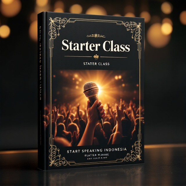 The cover features a close-up image of an elegant microphone in the foreground, with a luxurious golden glow emanating from it. The background showcases a dynamic crowd in semi-transparent layers, celebrating and raising their hands, capturing the energy and excitement of a successful public speaking session. The edges of the cover have intricate gold filigree patterns, adding to the glamorous and elegant concept.