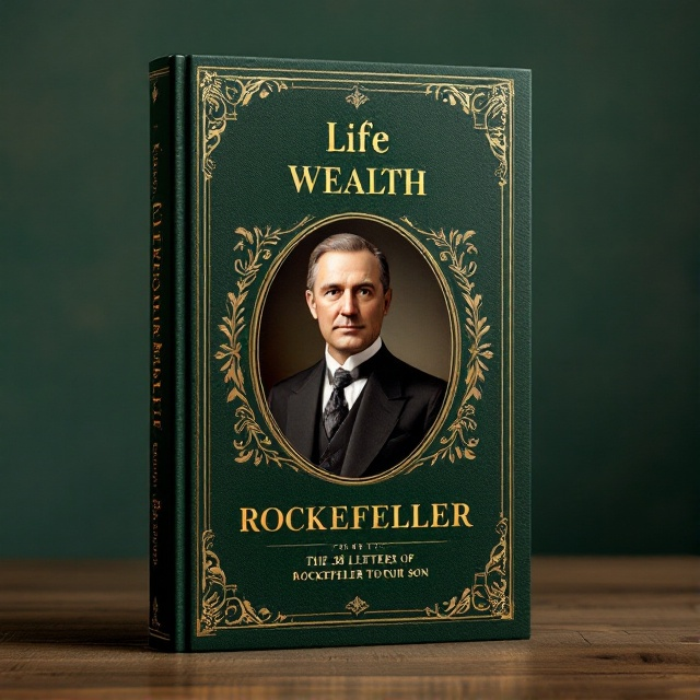A classic, sophisticated portrait of John D. Rockefeller is centered on the cover against a deep green, textured background. Surrounding the portrait are ornate, golden embellishments reminiscent of classic book designs. At the top, there is a motto-style text or life maxim in a prominent golden script, while the book title is located below the portrait in striking gold.