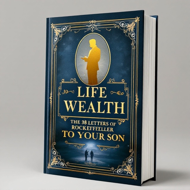 A rich gold, vintage-style silhouette of John D. Rockefeller graces the center of the cover, slightly off-center to the left, with a deep blue background. Towards the bottom right, a faint image of a father handing a letter to his son blends subtly into the backdrop, giving a sense of personal interaction. Decorative, ornate borders frame the cover, enhancing its classic feel.