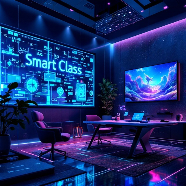 The cover depicts a contemporary study room filled with sleek, modern technology. There is a large glass blackboard taking up the left side of the cover with digital equations and holographic displays. The right side shows a smart TV mounted on the wall, displaying a fantastical landscape with mystical creatures. There’s a study table in the center adorned with futuristic gadgets and holograms, and ergonomic smart chairs around it. The background is a blend of vibrant blues and purples, giving a magical yet high-tech ambiance.