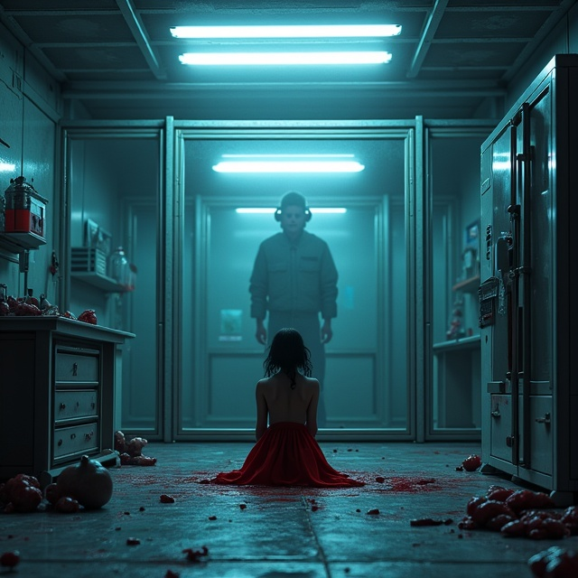 A dimly lit lab with cold, metallic surfaces. In the foreground, a girl in a blood-stained gown sits on the floor of a transparent cell, looking defeated. In the background, there is a shadowy male figure watching over her, barely discernible. There's an eerie, clinical atmosphere enhanced by scattered scientific equipment and faint, ominous lighting.