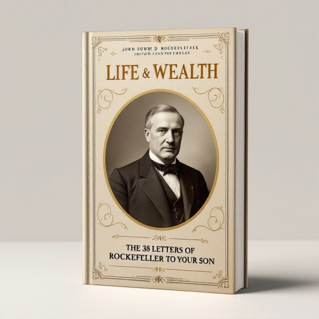 A high-quality, vintage-style photograph of John D. Rockefeller will be placed prominently in the center of the cover. Around the photograph, there will be elegant, subtle gold embellishments adding a sense of timelessness. In the background, a faint and artful image of a father guiding his son will lend a subdued yet significant element of legacy to the design. The overall color scheme will be centered around sepia tones with accents of gold and dark brown to evoke wisdom and a feeling of nostalgia.
