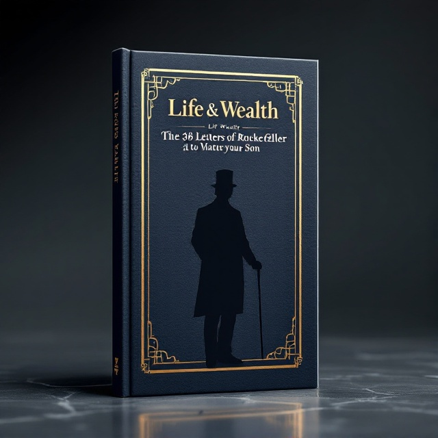 The cover features a prominent silhouette of John D. Rockefeller in a classic pose - standing with a cane and a top hat, exuding authority and wisdom. The silhouette is centered, against a dark navy blue background with subtle textures reminiscent of leather and faint abstract geometric shapes, including faint images of financial charts in the background. Gold accents are used for a sophisticated touch, bordering the silhouette and highlighting essential elements.
