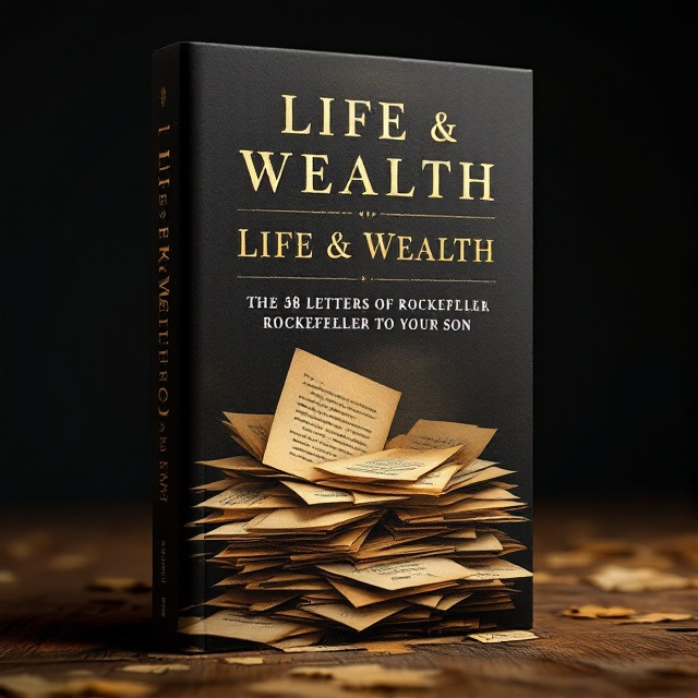 The cover features a subtle representation of Rockefeller's face in the background, with an aura effect as if he's overlooking a stack of open letters. These letters are strategically scattered, with hints of typed text and signatures visible. The colors blend browns, gold, and black to evoke a sense of wealth and timeless wisdom.
