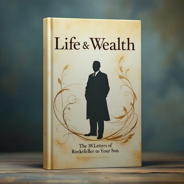A silhouette of Rockefeller stands prominently against a background of soft gold and muted blues, faintly resembling aged parchment. A flowing vintage letter script weaves around the silhouette, creating a sense of connection between the fatherly figure and the letters. Subtle textures evoke the feeling of wisdom and antiquity.