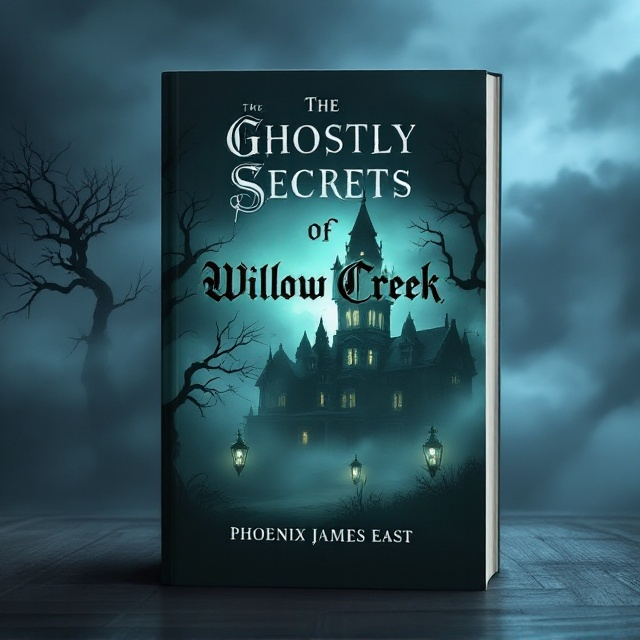 A shadowy silhouette of an old Victorian-style mansion enveloped in a thick, swirling mist is centered in the background. The clouds form eerie shapes, almost resembling spirits hovering around the mansion. A leafless tree with twisted branches extends from the left corner into the central area, its elongated branches adding to the haunting feel. Flickering lanterns with ghostly faces illuminate the foreground.