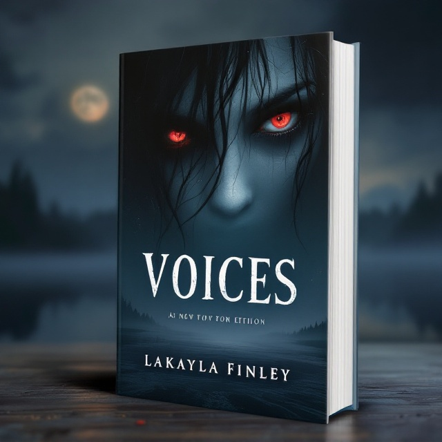 The cover features a haunting scene with a full moon transitioning to set. Its eerie glow is cast over a tranquil lake, creating an unsettling yet serene contrast. Dominating the sky is a spectral partial face of a girl, focusing on her piercing blood red eyes and cascading black hair. The lake reflects the moonlight, amplifying the ghostly atmosphere.