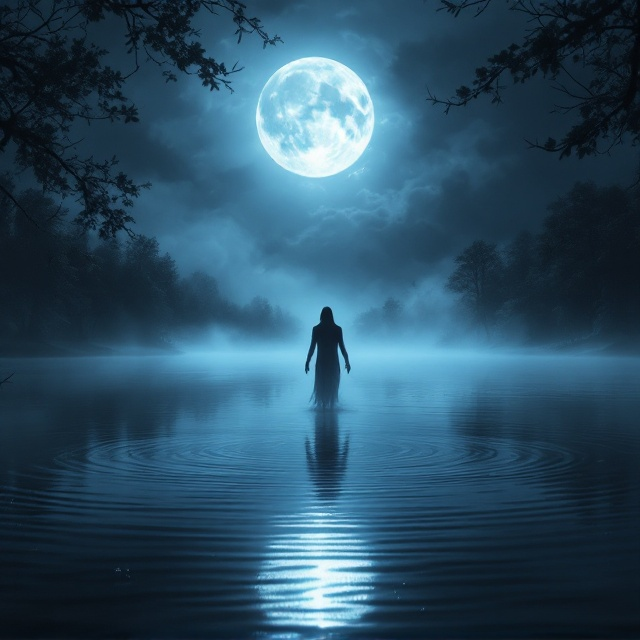 A midnight scene with a full moon casting a silvery light over a still, eerie lake. From the lake's depths, a shadowy, indistinct figure begins to rise, creating ripples in the water. Silhouettes of trees lining the shore sway, their leaves rustling in a phantom wind. The atmosphere is dark and mysterious, with wisps of fog trailing across the water's surface.
