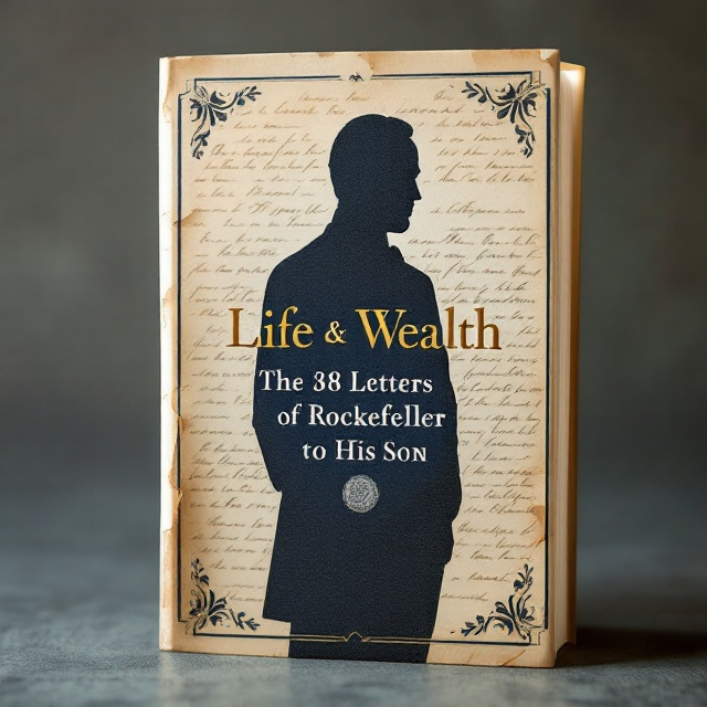 The half-length silhouette of Rockefeller, a dignified and strong presence, is centered on the cover. Behind the silhouette, the background features a vintage paper texture with faint traces of handwritten letters. Small details like an elegant seal of the letter and simple decorative patterns flank the silhouette to add a touch of authenticity and legacy.