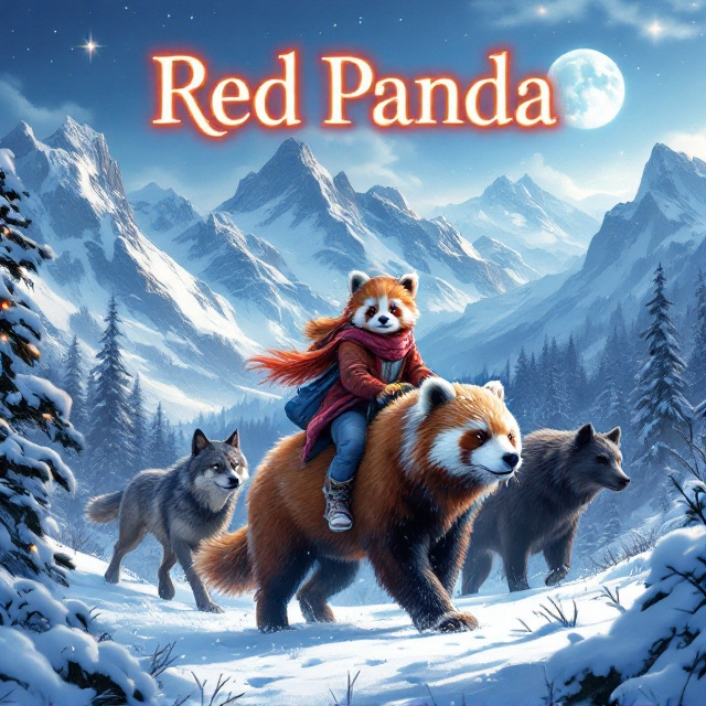 A serene and snowy landscape showcasing towering, snow-capped mountains in the distance, with a magical sky in hues of twilight blue and glimmers of stars above. In the foreground, a young red panda and a twelve-year-old girl are riding on the back of a fluffy snow cat, their expressions filled with wonder and determination. Flanking them are a bold-looking gray wolf on the left and a kind-looking black wolf on the right, both appearing ready for any challenges. In the shadows cast by moonlight through the snowy trees, the ominous silhouette of a large bear lurks.