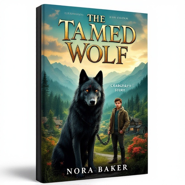 The book cover features a striking image of a black wolf with a visible gash on his right ear, standing defiantly next to a young man. The man holds a chain that is loosely looped around the wolf's neck. They are positioned in the foreground. The background showcases a quaint town blending into a dense forest, with majestic mountains and a vivid sky in the distance. Rich green, blue, and brown hues dominate the scene, emphasizing the natural elements and sense of adventure.