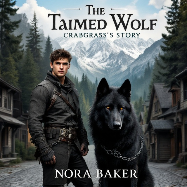 A young man with determined expression stands on the left side of the cover, next to a black wolf with a noticeable gash on its right ear. The man holds a chain looped around the wolf’s neck. They are set in a small town with cobblestone streets, and in the background, dense woods lead up to towering mountains under a slightly cloudy blue sky.