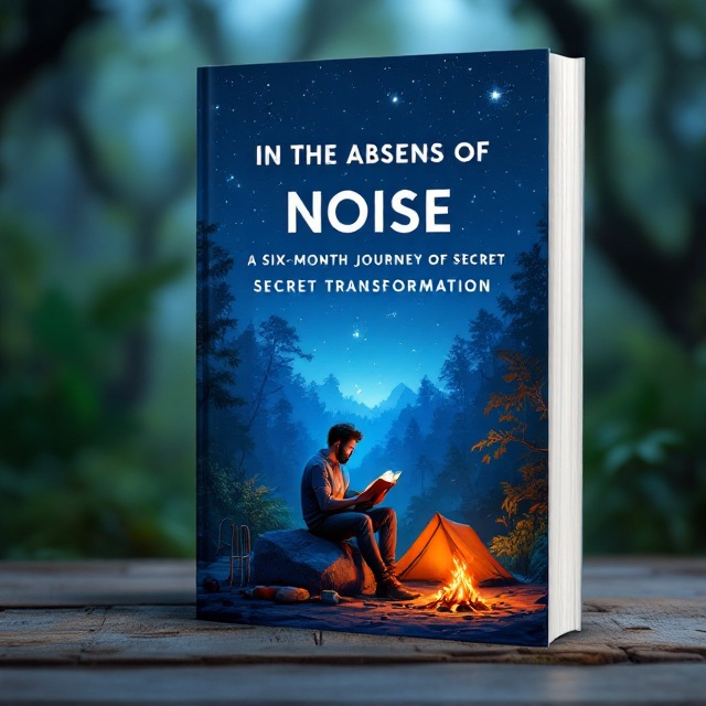 The cover shows an illustration of a man sitting on a large rock, engrossed in reading a book under a starry night sky in a dense jungle. Near him are a tent and a small bonfire casting a soft, warm glow. Next to him on the left, subtle outdoor exercise equipment is partly illuminated by the bonfire's light. The background transitions from dark blue at the top, representing the sky, to a lighter blue towards the bottom, embodying the early dawn.