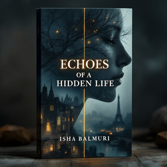 A split cover design with the left half showing a girl’s shadow merged with a London cityscape. The right half shows another girl’s shadow merging with a Parisian backdrop. Both sides have a melancholic, muted color palette with faint city lights and a misty ambiance to evoke sadness and mystery.