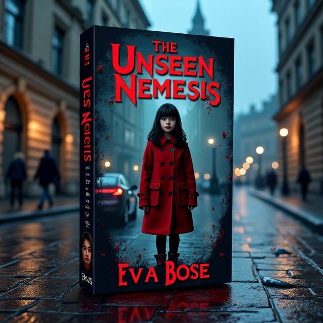 A dimly lit London street at night, with rain-slicked cobblestones and a blurred Big Ben in the background. A young girl in a red coat standing in the foreground, her face partially hidden by shadows, looking sad yet determined. Blood splatters subtly incorporated into the background and on the cobblestones.
