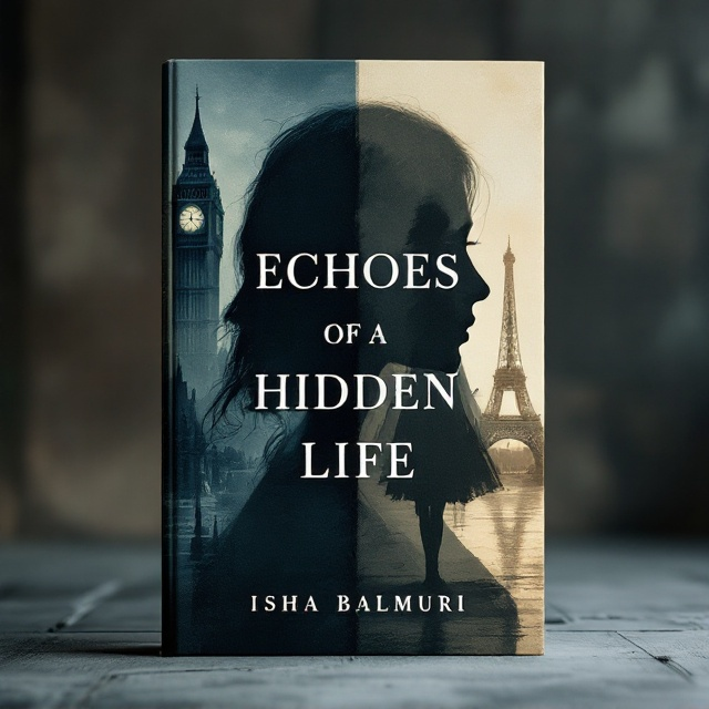 A haunting yet serene cover split into two halves, each depicting the shadow of a girl in a silhouetted form. On the left half, the girl's shadow stands with Big Ben looming behind her, painted in dark blues and grays to evoke mystery and sadness. On the right half, the shadow of another girl stands with the Eiffel Tower in the background, illustrated in subtle sepia tones, creating a nostalgic and melancholic atmosphere. The title "ECHOES OF A HIDDEN LIFE" is centered in bold, uppercase letters, spanning both halves.