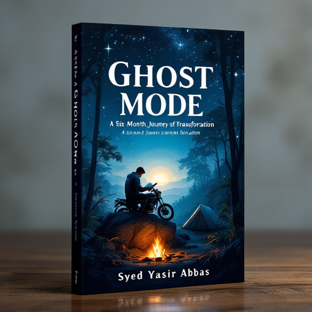 The cover presents an evocative scene with a solitary man deeply engrossed in a book, positioning himself comfortably on a boulder amidst a dense jungle under a starry night sky. Right beside him, a motorcycle gleams subtly in the night, telling tales of journeys made. A tent is pitched nearby, suggesting rest and endurance. A small campfire spreads soft amber hues across the setting, contrasting beautifully with the dominant dark blue of the star-lit sky, which gracefully transitions into lighter blues as it suggests the dawn peeking through.