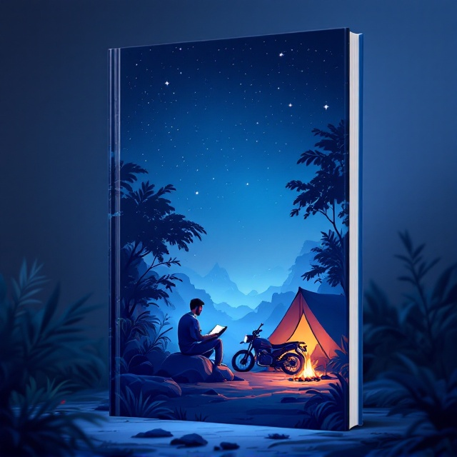 A serene jungle scene under a starry night sky. A man is illustrated sitting on a rock with a book in hand, absorbed in reading. Nearby, a motorcycle is beside a tent and a small bonfire adds warmth with its soft glowing light. The gradient background transitions from dark blue at the sky to a lighter shade near the ground, evoking a calm, meditative environment.