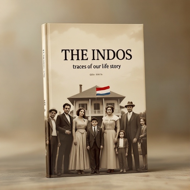 Seven family members modeled in early 20th-century attire stand in front of a colonial house from the 1940s, depicted in sepia tones. In the sky above the house blend the Indonesian and Dutch flags, subtly interwoven. The composition carries a serene and nostalgic mood, enhanced by a flat, vintage photographic style to reflect the historical genre.