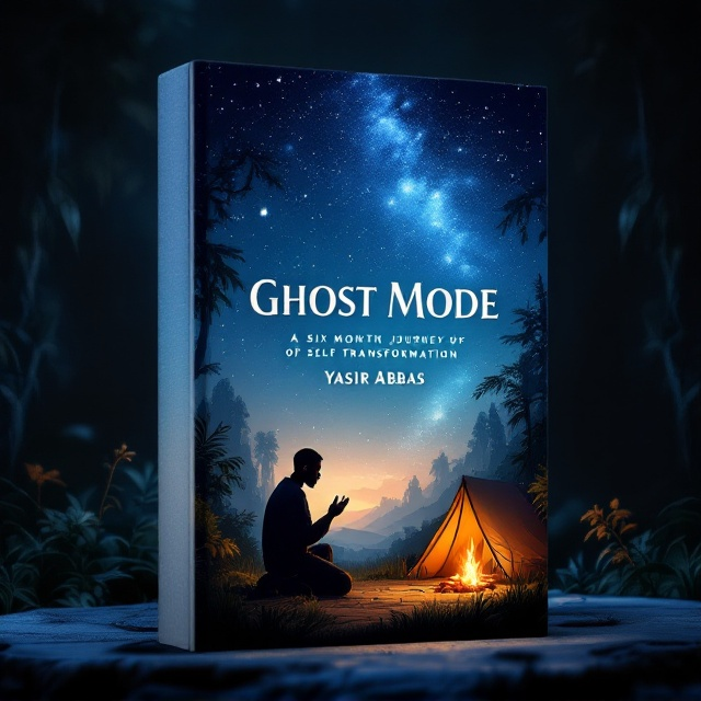 The cover features a serene illustration of a devoted Muslim man kneeling in prayer, silhouetted against a breathtaking starry night sky. He is positioned slightly to the right, with a cozy tent to the left and a small bonfire casting a soft, warm glow nearby. Towering jungle foliage frames the scene, enhancing the solitude and introspection. The background displays a mesmerizing gradient, transitioning from deep navy blue at the top to a lighter slate blue towards the bottom, emulating the transition of night to dawn.