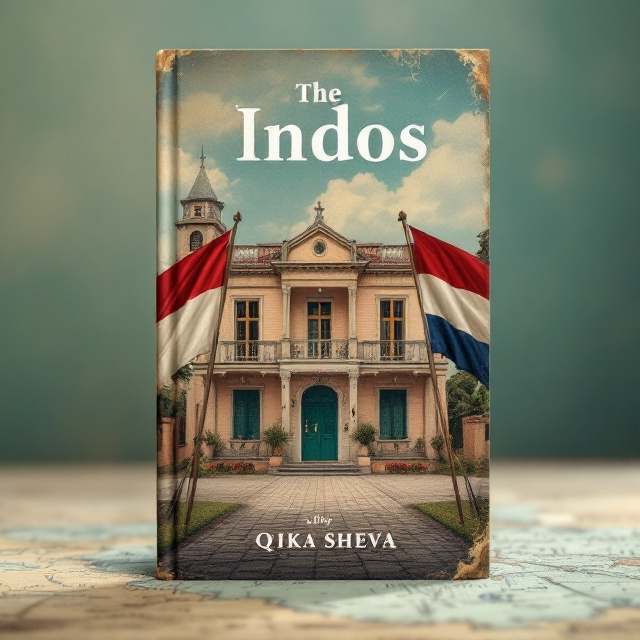 standing book mockup, Its title is "The indos". Its author name is QIKA SHEVA.  The cover features the facade of a colonial Indonesian house from the 1940s, centered prominently. On the left side of the house is the Indonesian flag, and on the right side is the Dutch flag. Both flags are slightly worn and tattered, hinting at historical events. The background consists of a serene sky transitioning into a subtle vintage map of Indonesia. The overall color palette is a blend of muted earth tones with splashes of red and blue from the flags, providing a sense of historical depth and warmth. The book title "The Indos" is in an elegant serif font with slight weathering effects, placed at the top center in bold white. The author name "QIKA SHEVA" is in a smaller, sans-serif font at the bottom center in a matching color, ensuring it stands out yet doesn't overshadow the main title., The text is balanced around the central image of the colonial house, creating harmony between the visual and textual elements. The title at the top and author’s name at the bottom frame the house and flags, leading the viewer’s eye vertically through the composition.