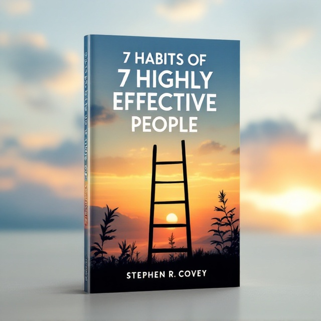 A silhouette of a ladder against a sunrise or early morning sky symbolizes growth and progress. The ladder's rungs are integrated into the title, each representing one of the habits. The background features soft, motivating colors like blue, orange, and hints of green.