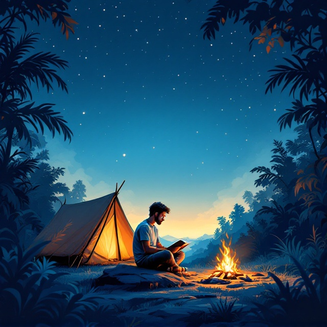 An illustration showing a man with a focused expression sitting cross-legged on a rock, deeply engrossed in reading a book. He is located under a vibrant starry night sky, surrounded by dense jungle foliage. A small tent is pitched nearby, and a tiny bonfire burns, casting a warm, golden glow that contrasts with the cool blue tones of the night. The sky has a gradient transition from deep navy blue at the top, fading to a soft powder blue near the bottom, adding depth and tranquility to the scene.