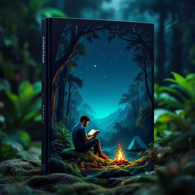 The cover features an intricately illustrated scene of a man sitting on a moss-covered rock in a dense jungle. He is absorbed in reading a book while surrounded by lush greenery and towering trees. Overhead, the night sky is depicted with a myriad of small, shimmering stars, creating a sense of mystery and wonder. To his right, a small tent is pitched, and a gently flickering bonfire casts a warm glow, adding depth to the scene. The background transitions smoothly from a deep midnight blue at the top to a lighter, serene blue at the bottom, evoking a sense of tranquility and intrigue.