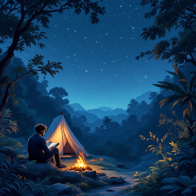 A serene nighttime scene in a dense jungle, featuring a man sitting on a moss-covered rock, engrossed in reading a book. The sky above is dotted with twinkling stars, providing a sense of mystery and vastness. A cozy tent is pitched nearby, and a small bonfire crackles gently, casting a warm and inviting glow on the surrounding trees and foliage. The background sky transitions beautifully from dark blue at the top to a lighter blue at the bottom, creating a soothing gradient.