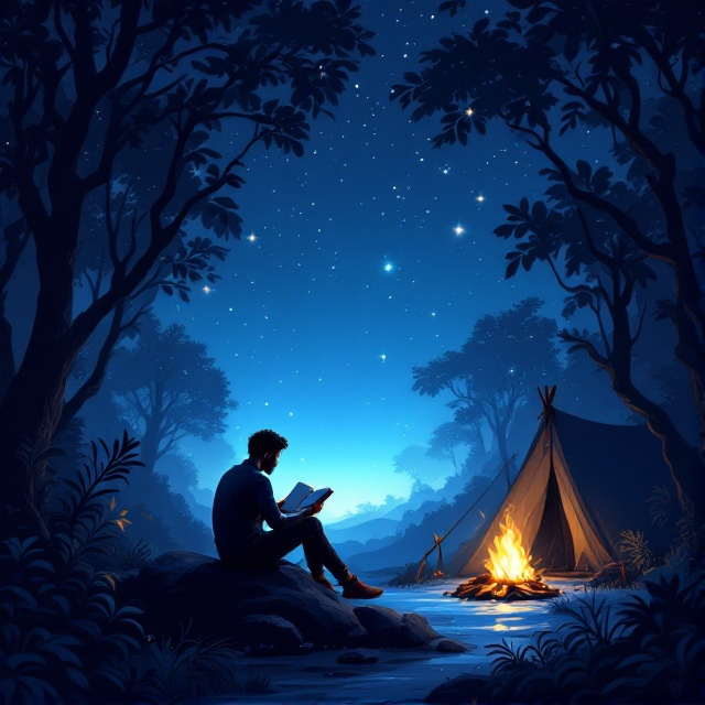 An illustration of a man sitting on a rock in a dark jungle, reading a book under a starry night sky. Near him is a tent and a small bonfire, casting a warm glow. The background is a soft blue gradient transitioning from dark blue at the top to lighter blue at the bottom.