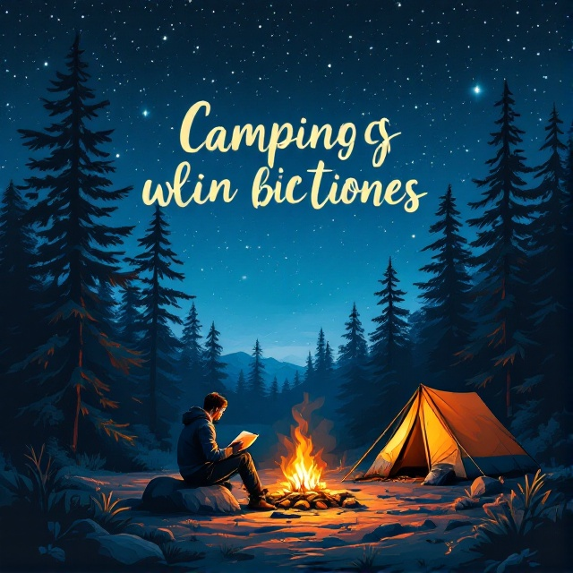 A serene illustration depicts a man sitting on a rock near a glowing campfire, reading a book. He's surrounded by towering pine trees under a mesmerizing, star-filled navy blue sky. A tent is pitched a short distance away.